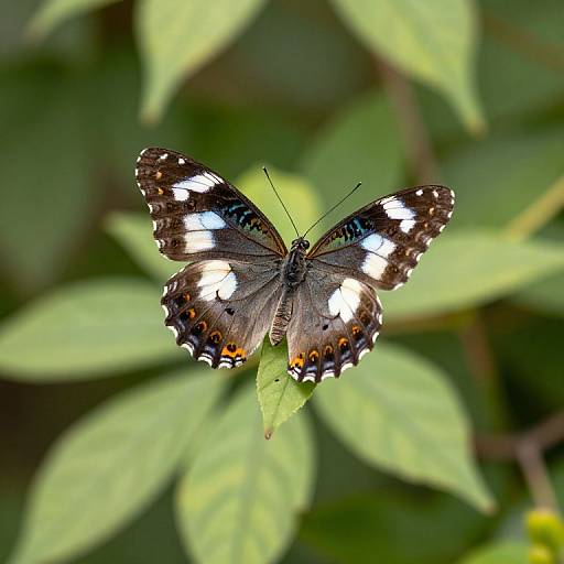 Photograph of a black and white butterfly with blue spots, perched on a green leaf against a blurred green foliage background.