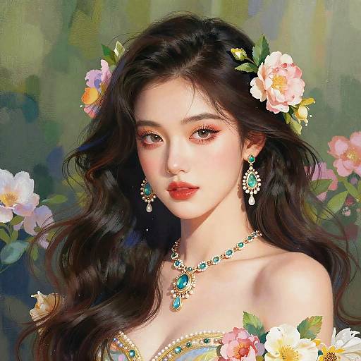 Digital painting of a beautiful Asian woman with long black hair, adorned with flowers, wearing turquoise jewelry, and surrounded by vibrant flowers.