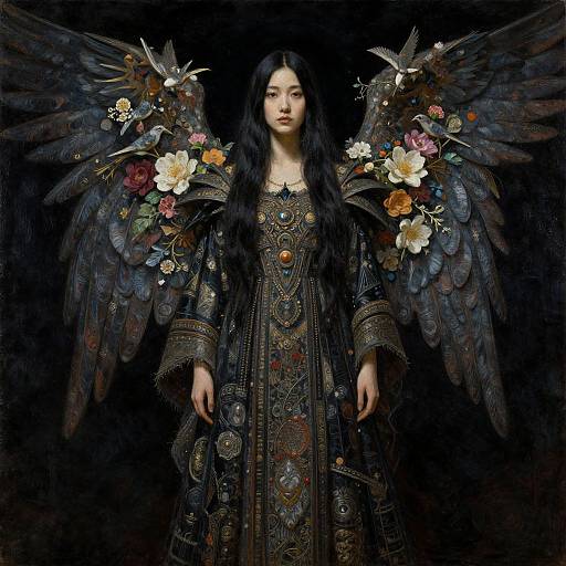Digital artwork of a pale-skinned, long-haired woman with black wings adorned with colorful flowers, wearing an ornate, dark-patterned dress. Dark