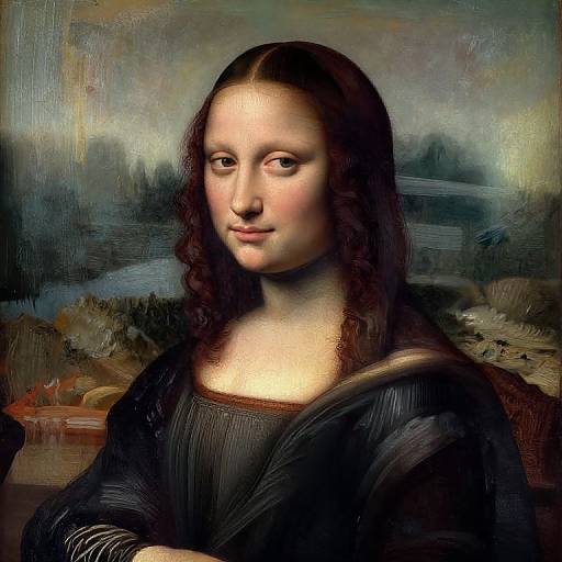 Digital art of the Mona Lisa with modern facial features, long brown hair, and a subtle smile, set against the classic landscape background.