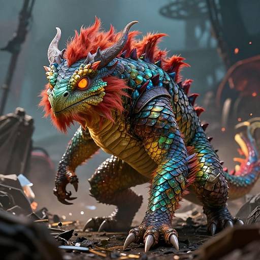 Digital artwork of a vibrant, muscular dragon with red mane, blue-scaled skin, orange glowing eyes, and sharp claws, standing amidst a dark,