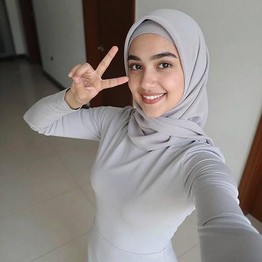 Smiling Woman in Gray Hijab Selfie