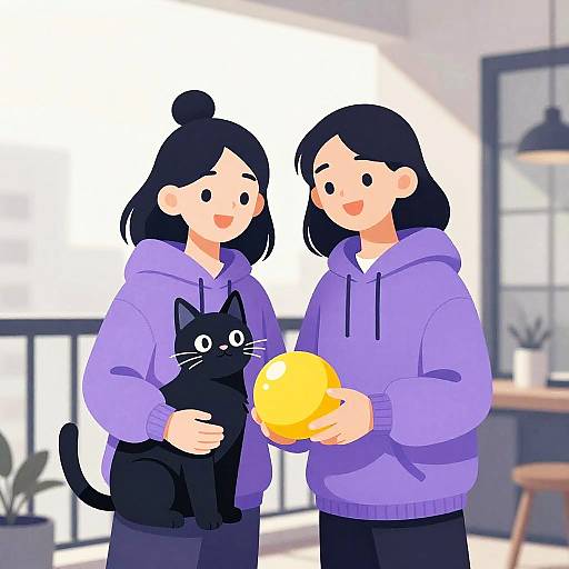Digital illustration of two smiling Asian women in purple hoodies, holding a black cat and a yellow ball, in a bright, modern room.