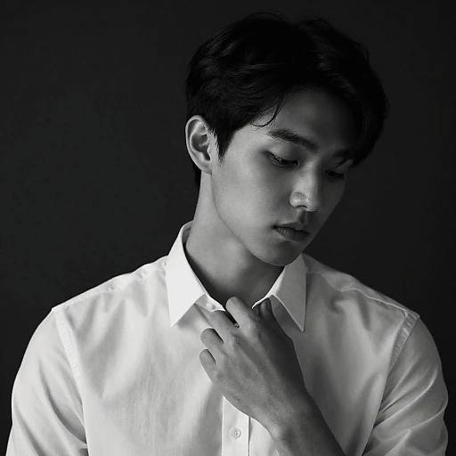 Black-and-white photograph of a young Asian man with short dark hair, wearing a white dress shirt, gently touching his collar, looking downwards, against a