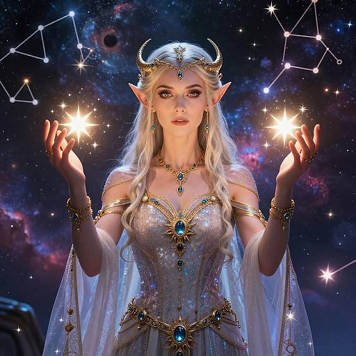 Digital art of a beautiful, blonde, elven woman with horns and pointed ears, wearing a sparkling, jewel-embellished gown, holding glowing