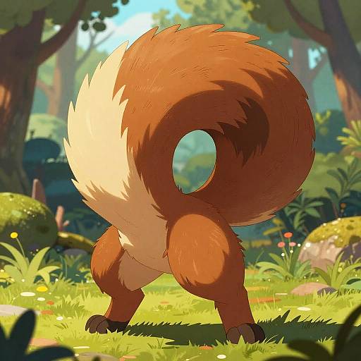 Digital illustration of a fluffy, red-orange, bushy-tailed fox-like creature with a cream underbelly, standing in a sunlit, colorful