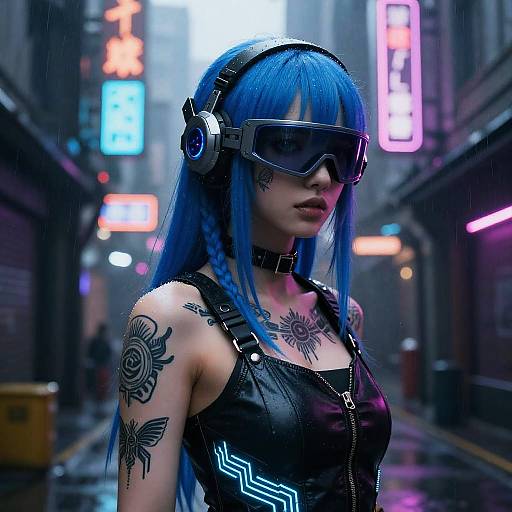 Cyberpunk-style photograph of a woman with bright blue hair, black leather dress, neon-lit city alley, tattoos, headphones, and futuristic sunglasses