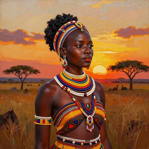 Photograph of a dark-skinned African woman in vibrant tribal attire, adorned with colorful beaded jewelry, against a vivid orange sunset savanna background with