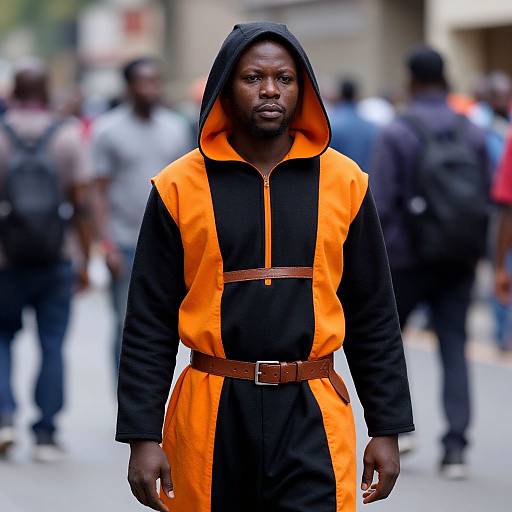 Photograph of a serious Black man with a dark complexion wearing a black and orange hooded robe, brown belt, standing in a blurred urban street with