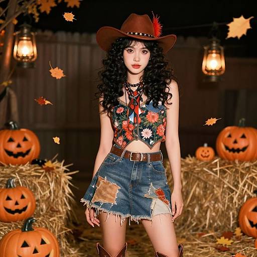 Digital artwork of a curly-haired woman in a brown cowboy hat, floral vest, denim skirt, and boots, standing among glowing lanterns, hay b