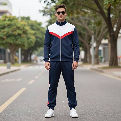 Photograph of a young man in a navy tracksuit with white and red accents, white sneakers, and sunglasses, standing on a tree-lined street.