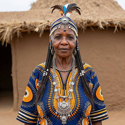 Photograph of an elderly African woman with dark skin, braided hair, adorned in colorful, intricate traditional dress, standing in front of a thatched