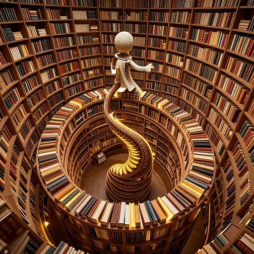 Photograph of a spiral library with a glowing, wireframe snake-like figure winding through towering shelves of colorful books.
