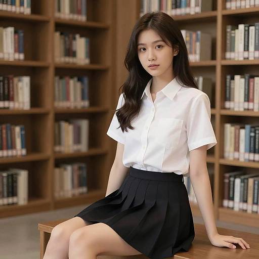 Young Woman Sitting in Library