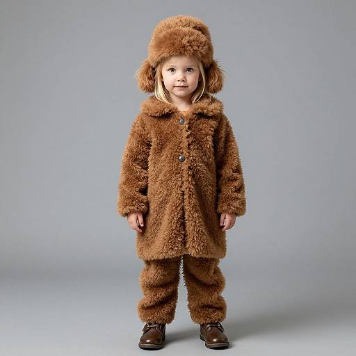 Photograph of a young child wearing a brown, fluffy, bear costume with a matching hat, standing against a plain gray background.