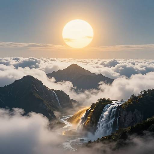Photograph of a sunlit mountain range with a powerful waterfall cascading into a misty valley, surrounded by fluffy clouds.