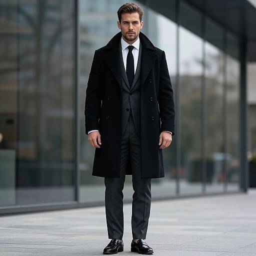 Photograph of a serious, bearded man in a black overcoat, white shirt, and black tie, standing in front of a modern glass building
