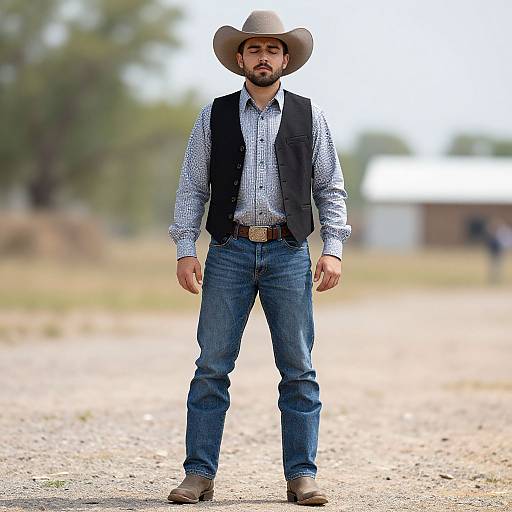 Photograph of a bearded man in a cowboy hat, blue checkered shirt, black vest, blue jeans, and brown boots, standing on a