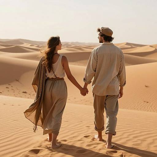 Photograph of a couple holding hands, walking through sunlit desert sand dunes, both wearing light, flowing clothing, with golden sunlight casting shadows.