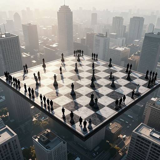 Photograph of a giant outdoor chessboard on a rooftop, surrounded by silhouetted players, towering cityscape in the background.