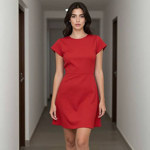 Photograph of a young woman with long black hair, wearing a simple, short-sleeved red dress, walking down a white hallway.