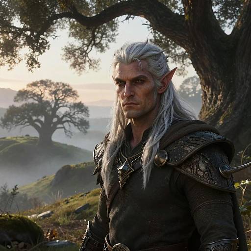 Photorealistic CGI of a stern-looking, silver-haired elf with pointed ears in medieval armor, standing in a misty, sunlit forest.