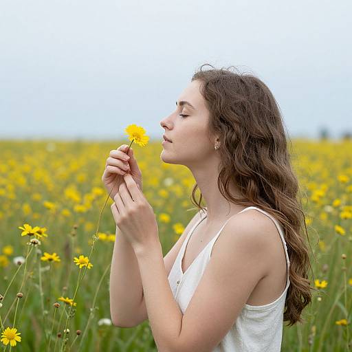 Photograph of a young woman with long brown hair, wearing a white tank top, gently smelling a yellow daisy in a vibrant field of dais