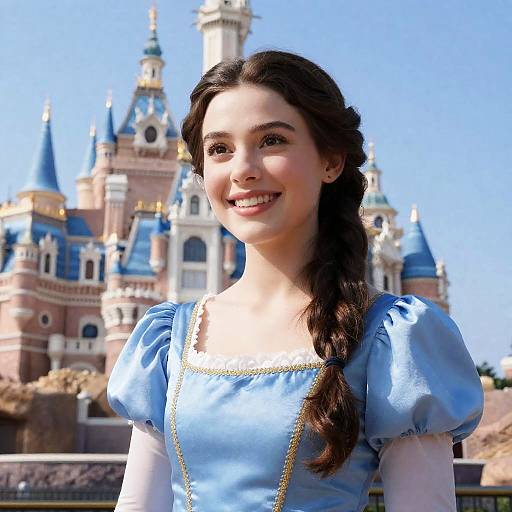 Photograph of a smiling young woman with fair skin and dark brown hair in a blue Disney princess dress, standing in front of a brightly colored, castle