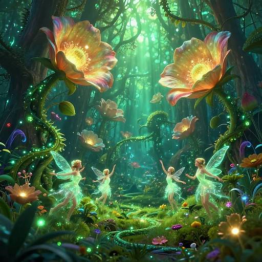 Digital fantasy art: Two glowing fairy-like creatures with translucent wings dance under radiant, oversized flowers in a lush, enchanted forest illuminated by magical green light.
