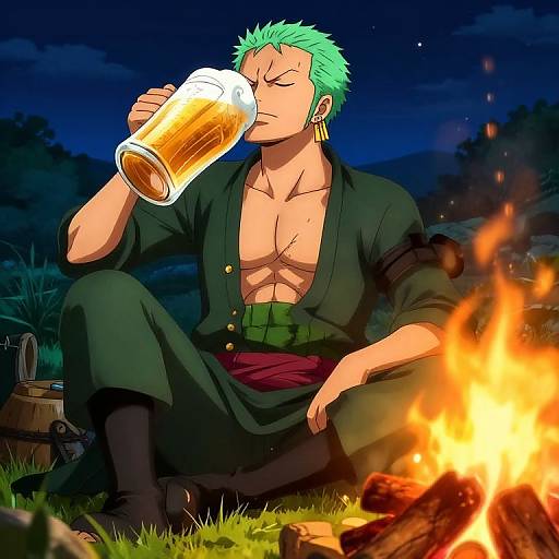 Anime Character Roronoa Zoro Drinking Beer by Campfire