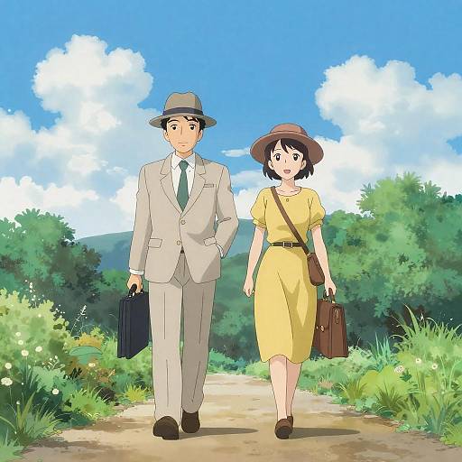 Anime Couple Strolling on a Sunny Path