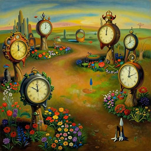 Surreal Garden with Melting Clocks