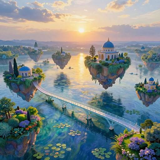 Fantasy landscape: Floating islands with domed buildings, lush greenery, and lily pads; sunset over a serene, reflective water surface.