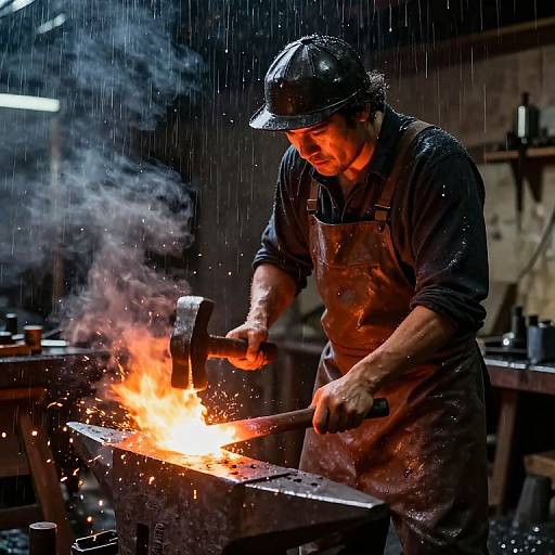 Photograph of a male blacksmith, wearing a helmet and apron, hammering hot metal in a dimly lit, rainy workshop, with vibrant