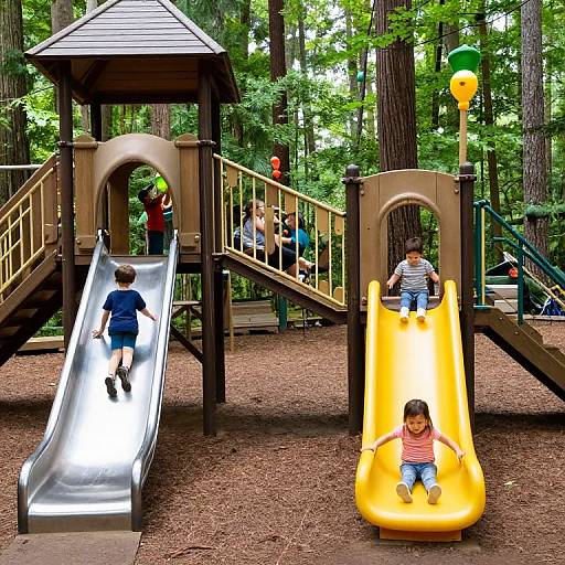 Photograph of two children playing on a wooden playground with a metal slide and yellow tube slide, surrounded by a forest.