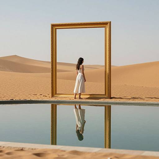 Photograph of a woman in a white dress standing before a large gold-framed mirror on a sandy desert, reflected in a still pool of water.