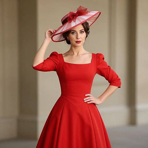 Photograph of a woman in a vibrant red dress and matching wide-brimmed hat with red ribbon, standing confidently indoors.