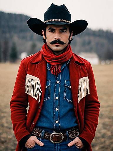 Man in Red Cowboy Costume with Mustache