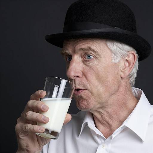 Senior Man Drinking Milk with Bowler Hat