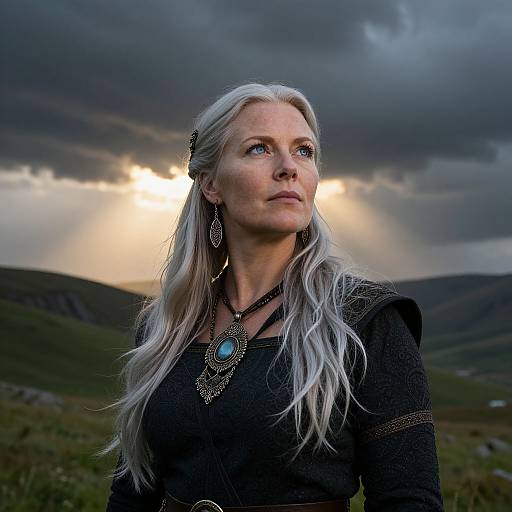 Photograph of a serious, fair-skinned blonde woman with long hair, wearing a black dress and ornate jewelry, against a dramatic cloudy sunset over