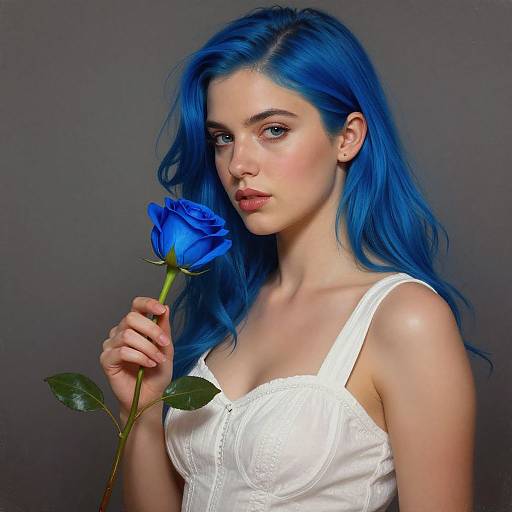 Photograph of a fair-skinned woman with vibrant blue hair, holding a blue rose, wearing a white lace-trimmed tank top, against a