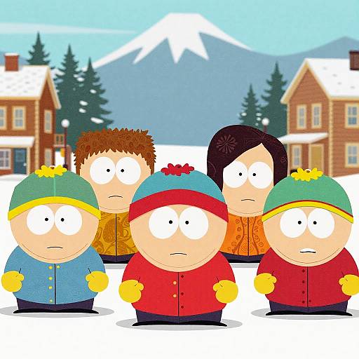 Cartoon of five children in winter clothes, standing in snow with a snowy mountain and houses in the background. Each child has a distinct hat and expression
