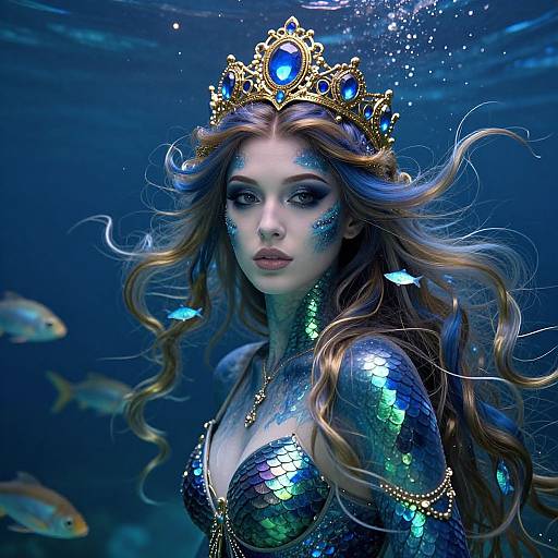 Digital art of a mermaid queen with long wavy brown hair, blue and gold scales, wearing a jeweled crown, underwater with fish, glowing
