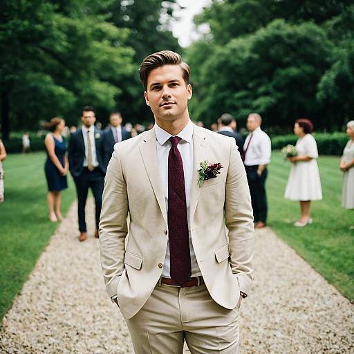 Man in Beige Suit at Outdoor Wedding