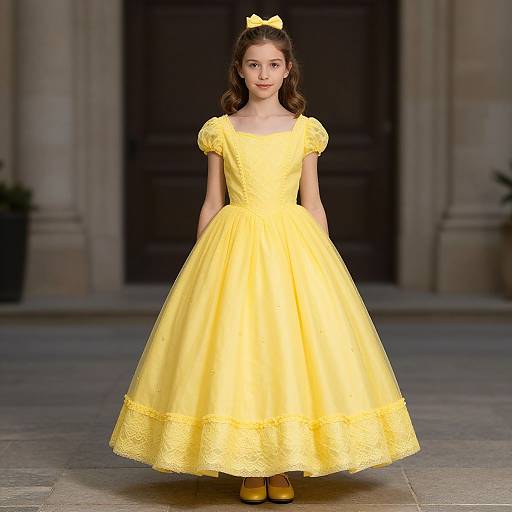 Photograph of a young girl in a vibrant yellow, full-skirted, princess-style dress with puffed sleeves, yellow bow headband, and