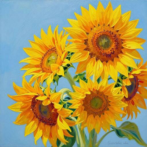 Vibrant oil painting of six bright yellow sunflowers with orange centers against a clear blue sky, artist signature 
