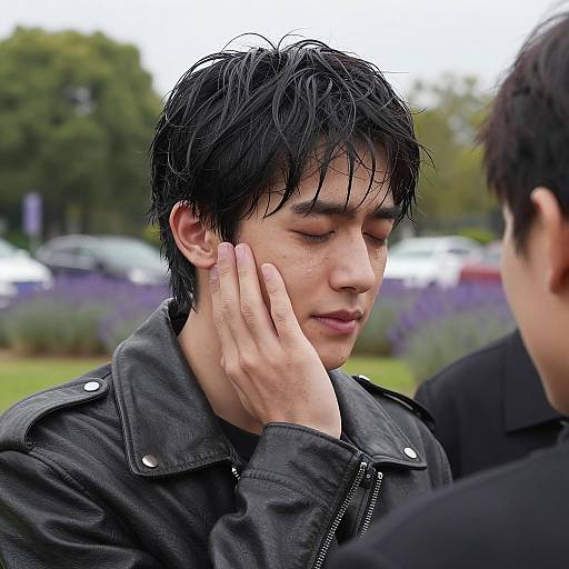 Emotional Man in Leather Jacket