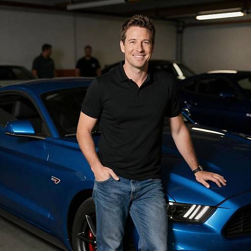 Smiling Man Leaning on Blue Mustang