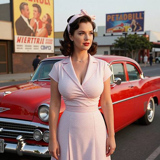 Vintage-style photograph of a curvy woman in a white polka-dot dress, red lipstick, and white headband, standing in front of a shiny