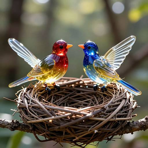 Iridescent Glass Birds in Nest